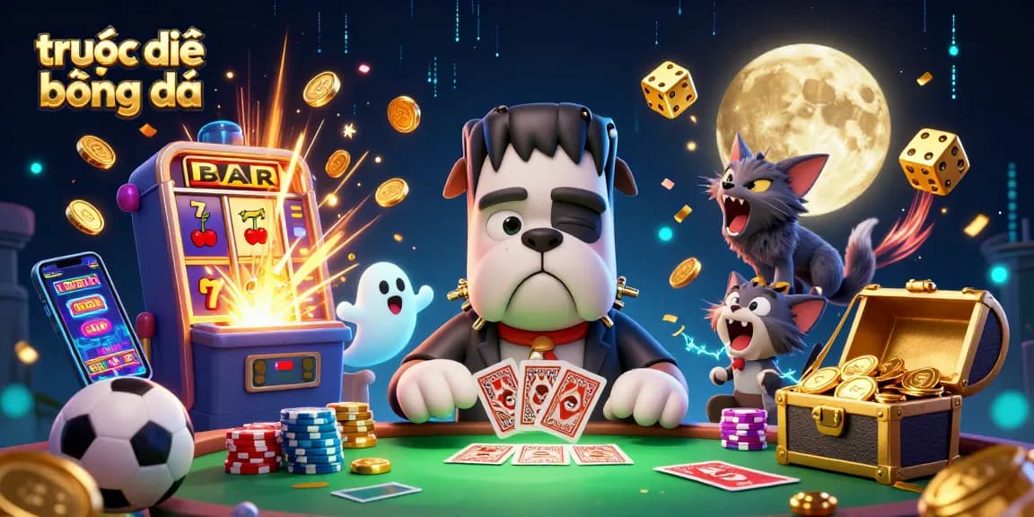 Experience trực tiếp bóng đá with a lively 3D illustration featuring a Frankenstein bulldog dealing cards.