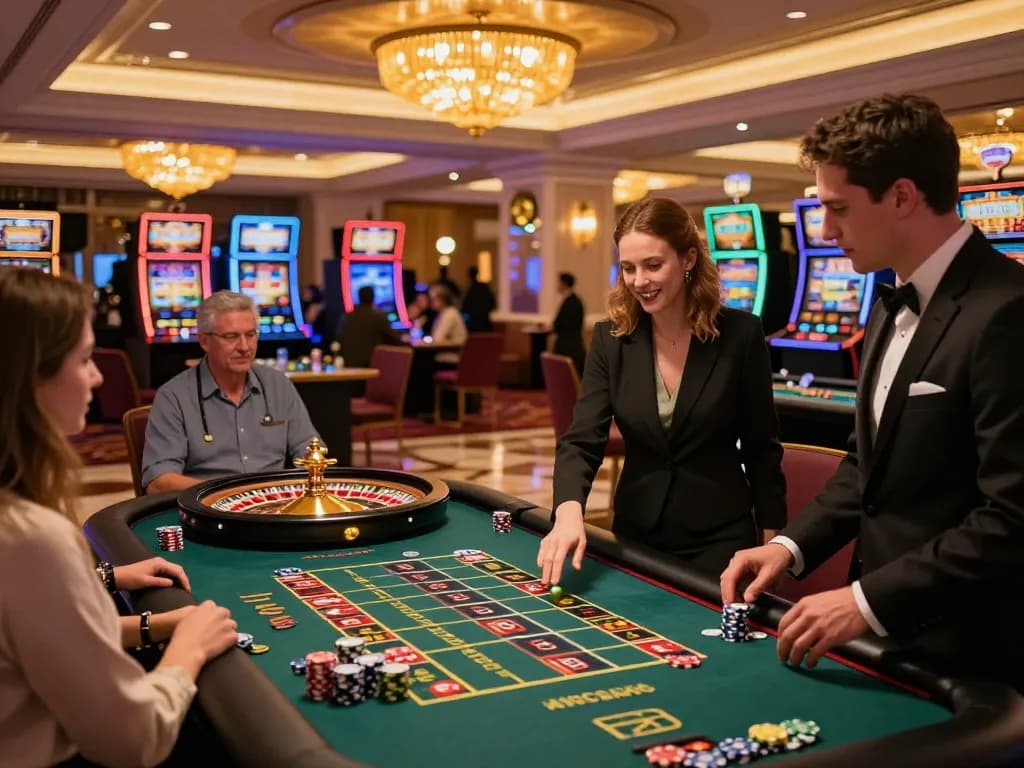 Casino tr88 players engaged at roulette table, vibrant casino atmosphere highlighted by action and warm lighting.