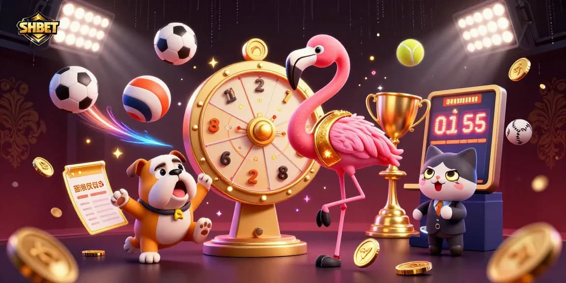 SHBET showcases a dynamic betting scene with a flamingo game show host spinning a prize wheel amidst invigorating sports elements.