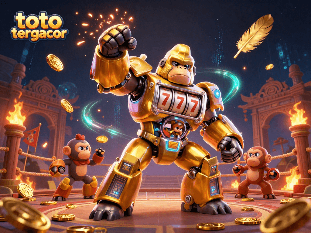 Experience thrilling action in toto slot tergacor with a dynamic 3D casino illustration featuring a mech and coins.