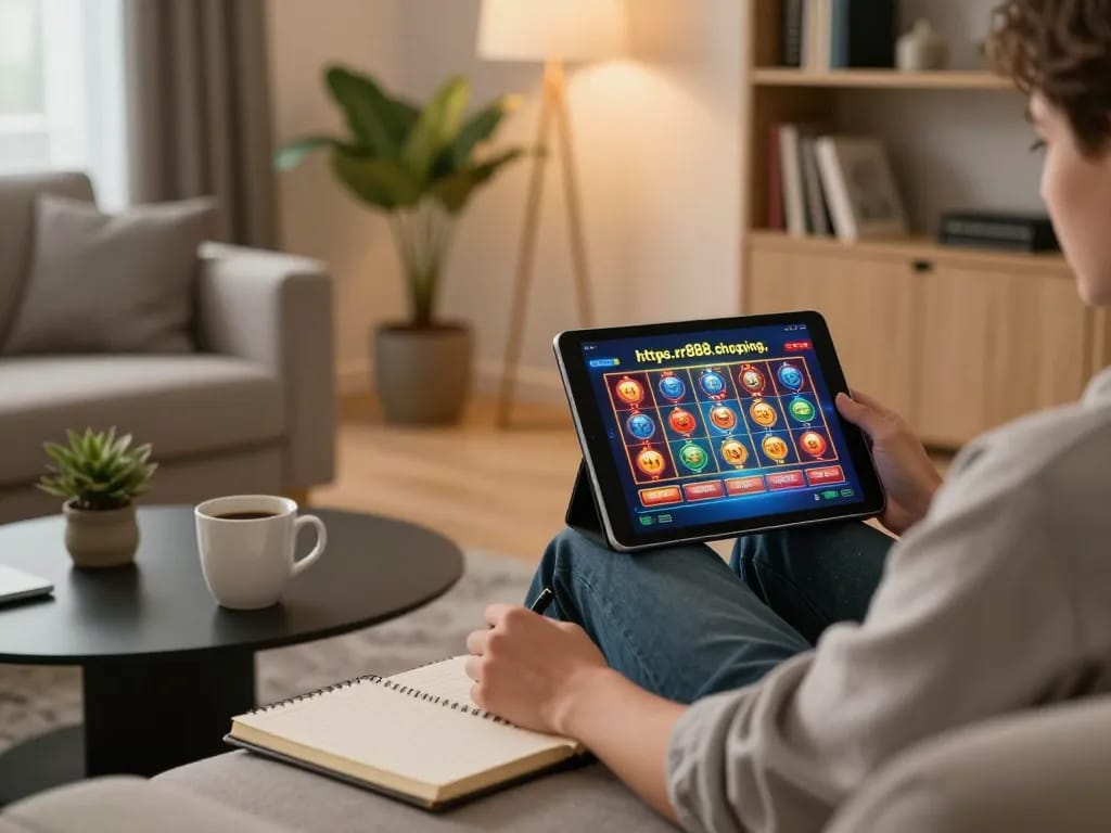 Engaged player using tablet to access slots at https://rr888.shopping/ in a cozy home setting.