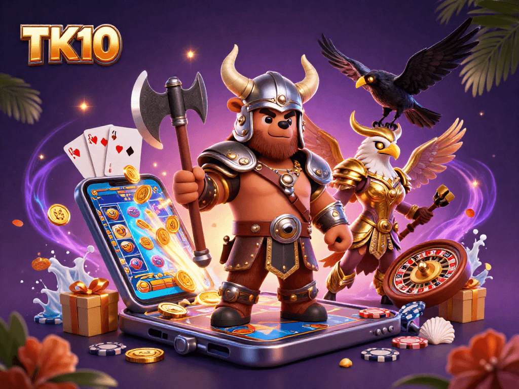 Experience thrilling gameplay with TK10's exciting online betting platform illustrated with vibrant characters and games.