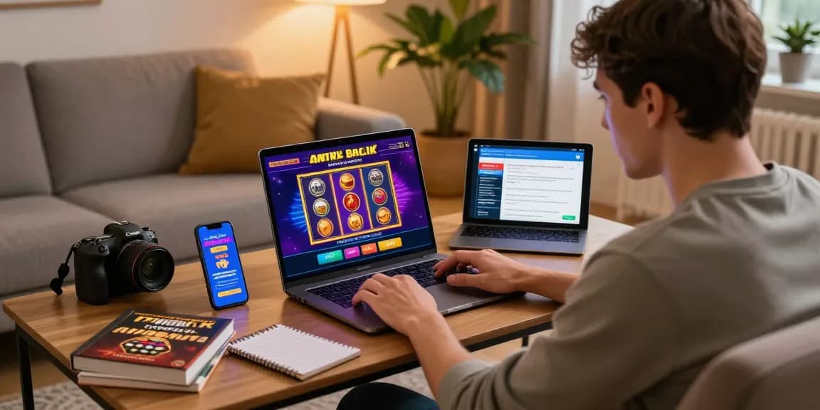Young player enjoying new online casinos on modern laptop in cozy living room