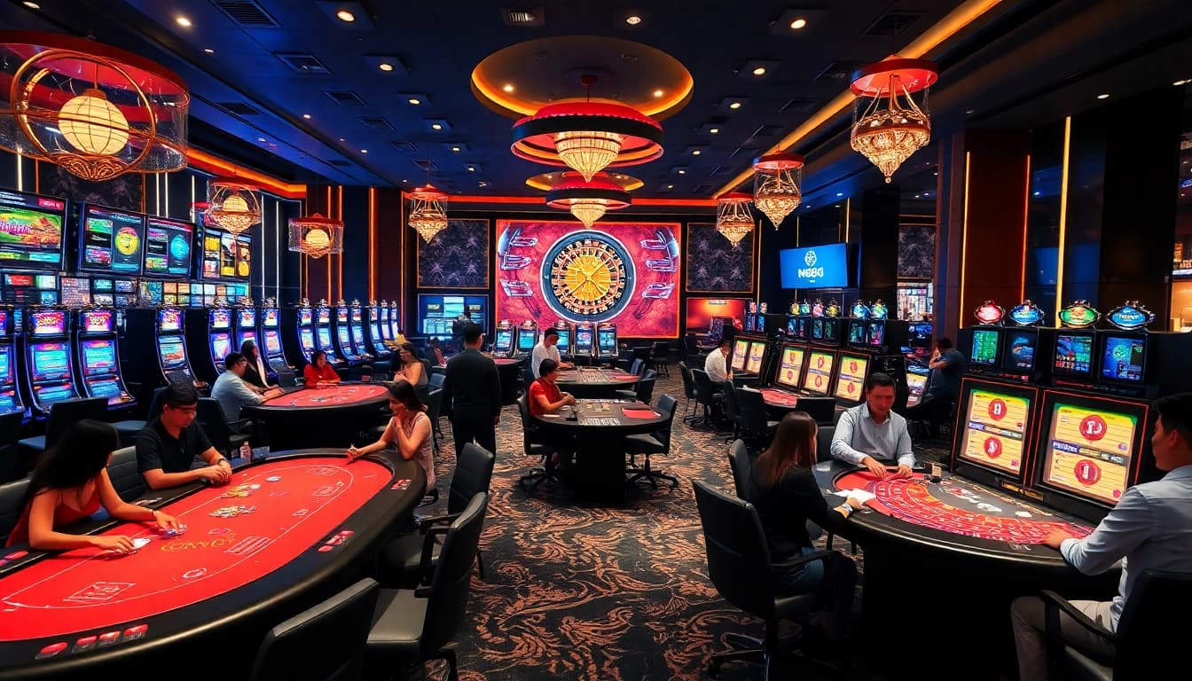 NK88 casino scene showcasing players at tables and vibrant slot machines.