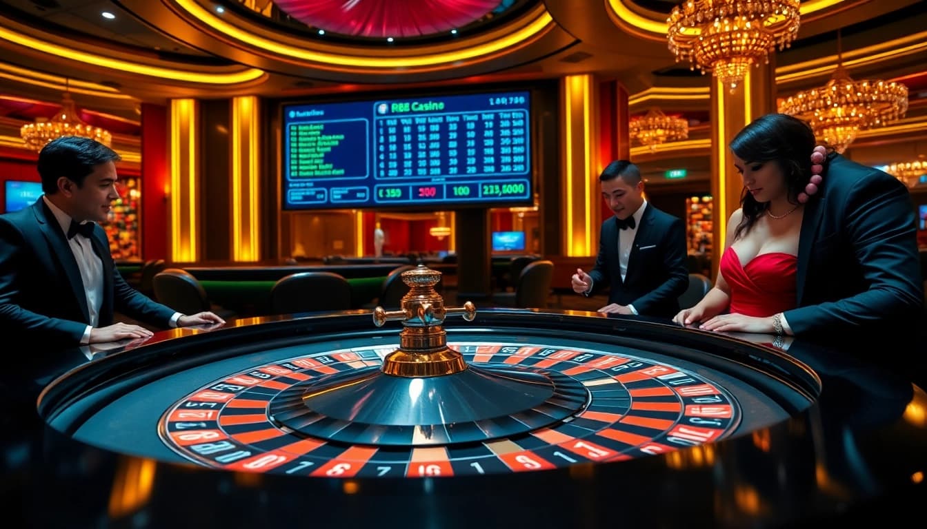 Experience betting excitement at RR 88's luxury casino, featuring a vibrant roulette table and engaged players.