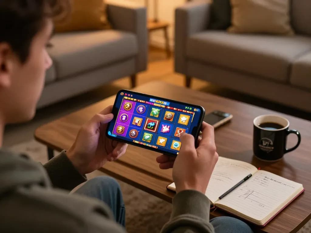 Seorang pemain menikmati pengalaman permainan mobile di aman788, menampilkan grafis permainan slot yang cerah di rumah yang nyaman
