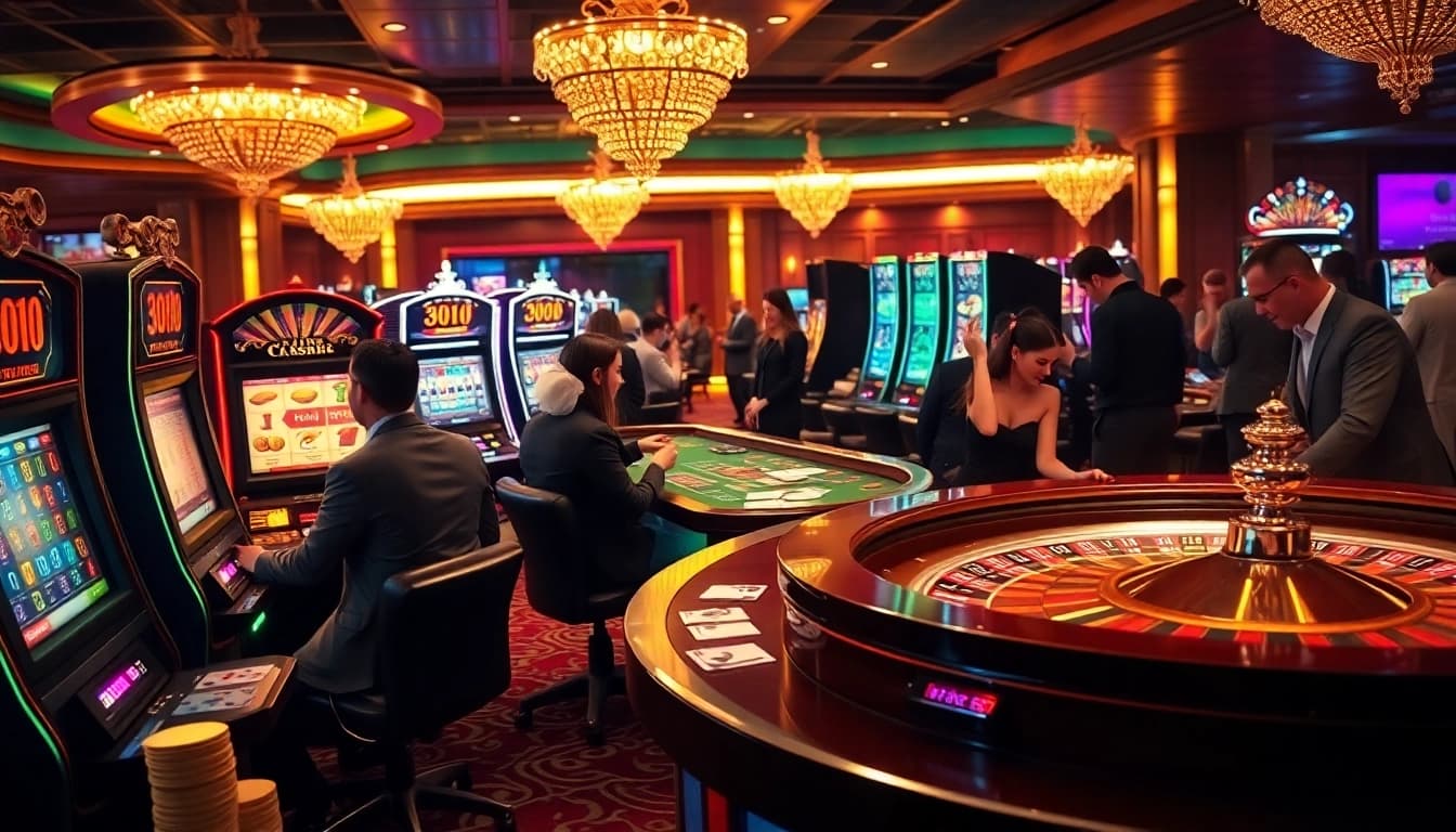 Players enjoying slot machines and poker at the online casino link thabet, showcasing excitement and luxury in gaming.