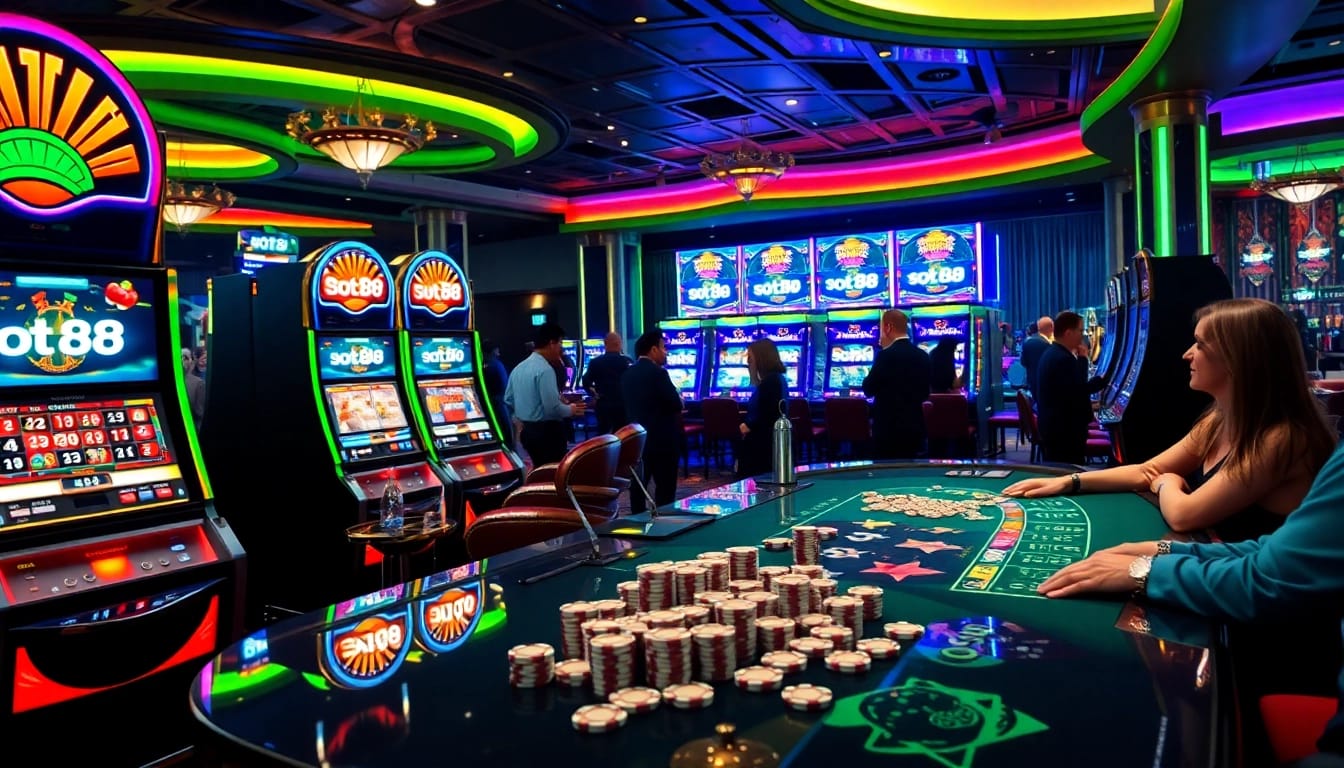 Players enjoy thrilling moments on slot88 machines in a luxurious casino setting.