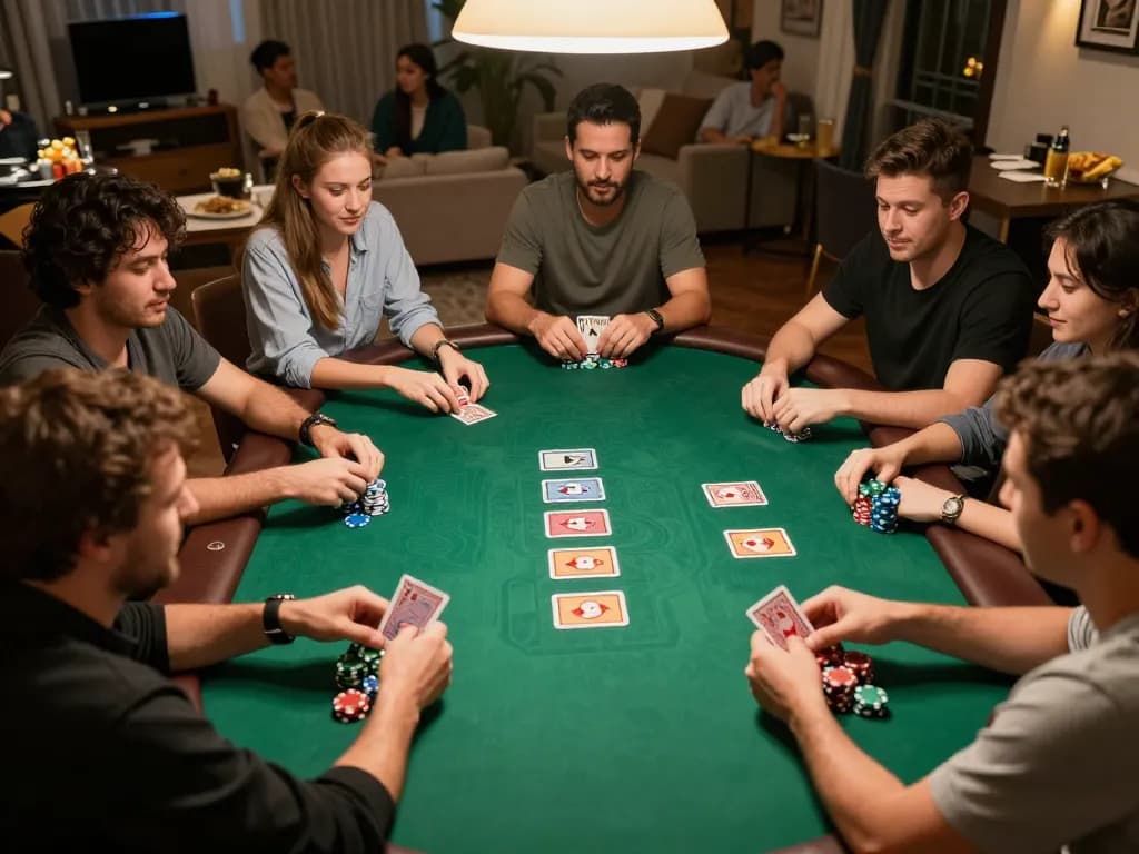 Players engaging in an exciting Texas Hold'em game at home, showcasing mpo777 strategies in a friendly poker night.