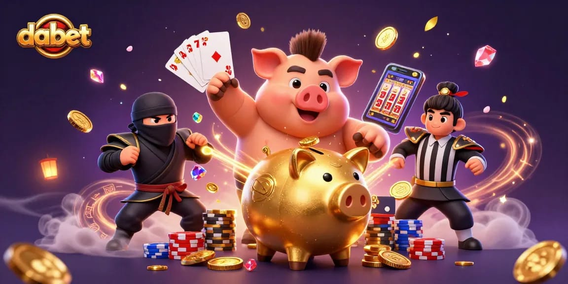 dabet showcases an epic showdown between a golden piggy bank sumo wrestler and a ninja in a vibrant casino scene.