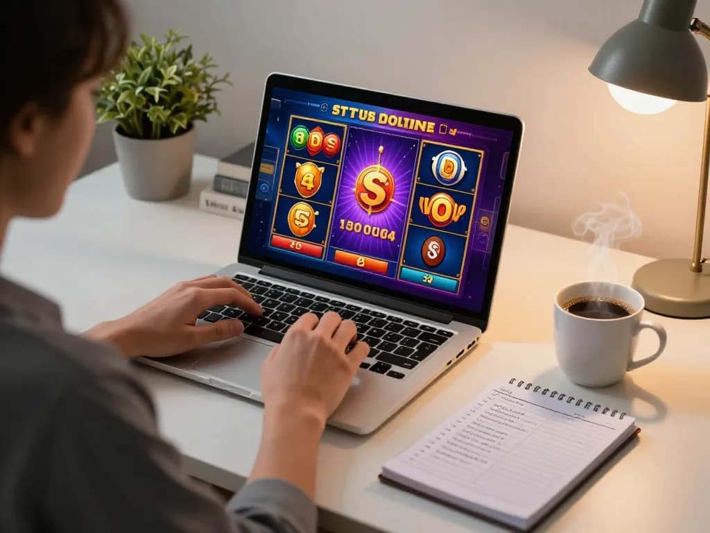 Berinteraksi dengan permainan situs slot online di laptop di ruang kerja nyaman di rumah