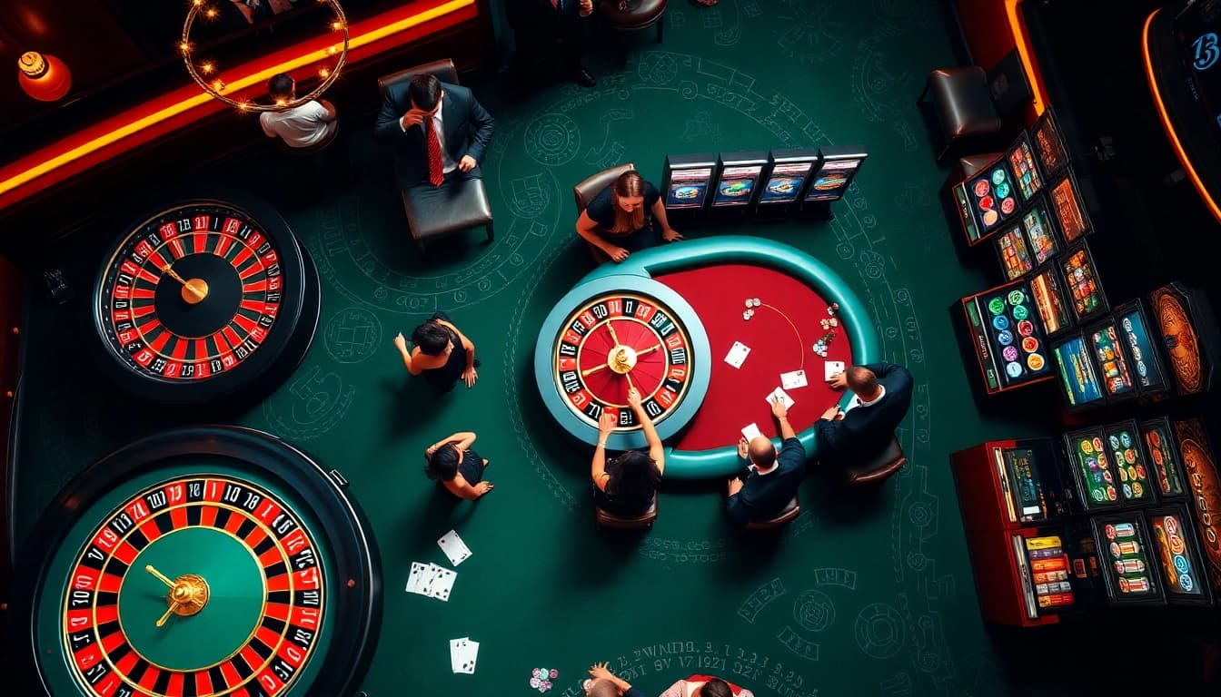 Excited players at 13win casino table engaging with roulette and slot machines.