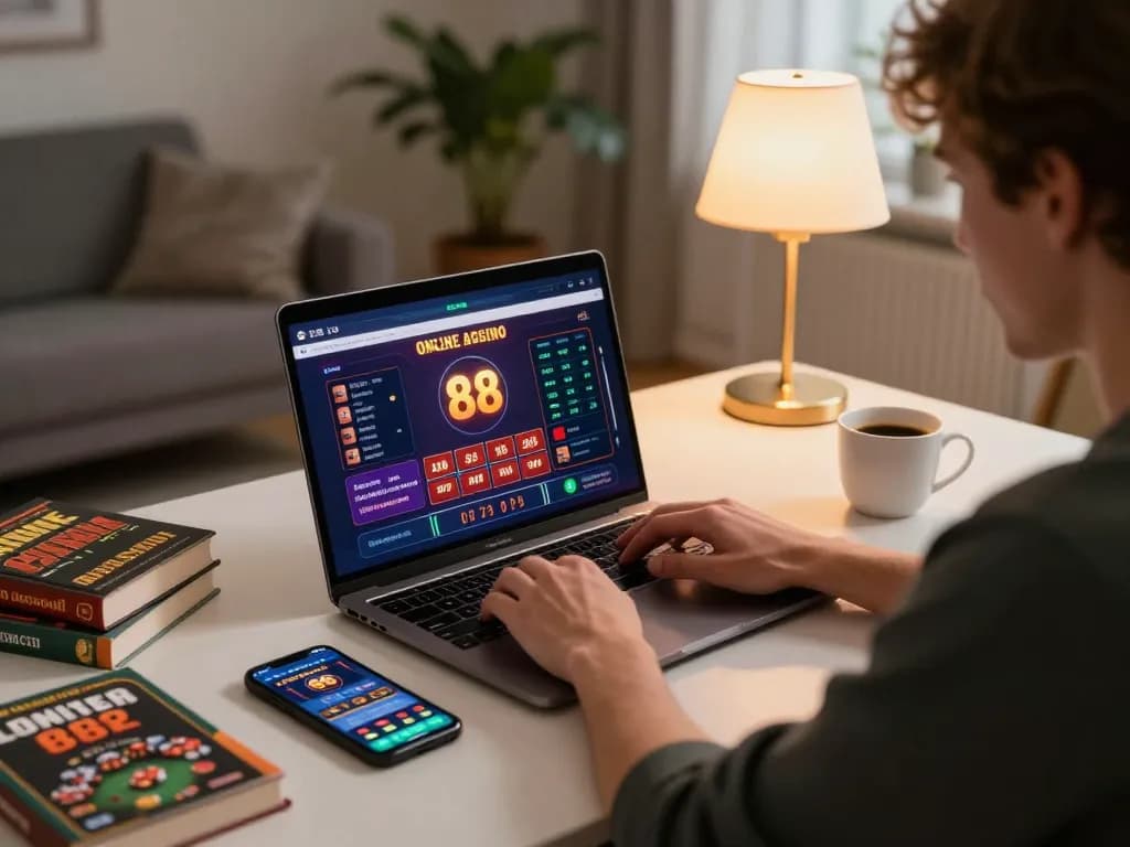 Player engaging diligently with the open 88 online casino interface, showcasing a cozy and strategic gaming atmosphere.