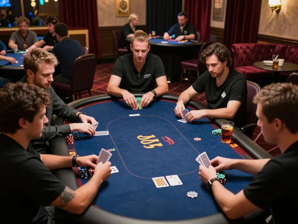 Pemain yang merencanakan strategi dalam permainan poker dengan taruhan tinggi di kasino mewah yang menampilkan fokus pakibanks pada strategi kemenangan.