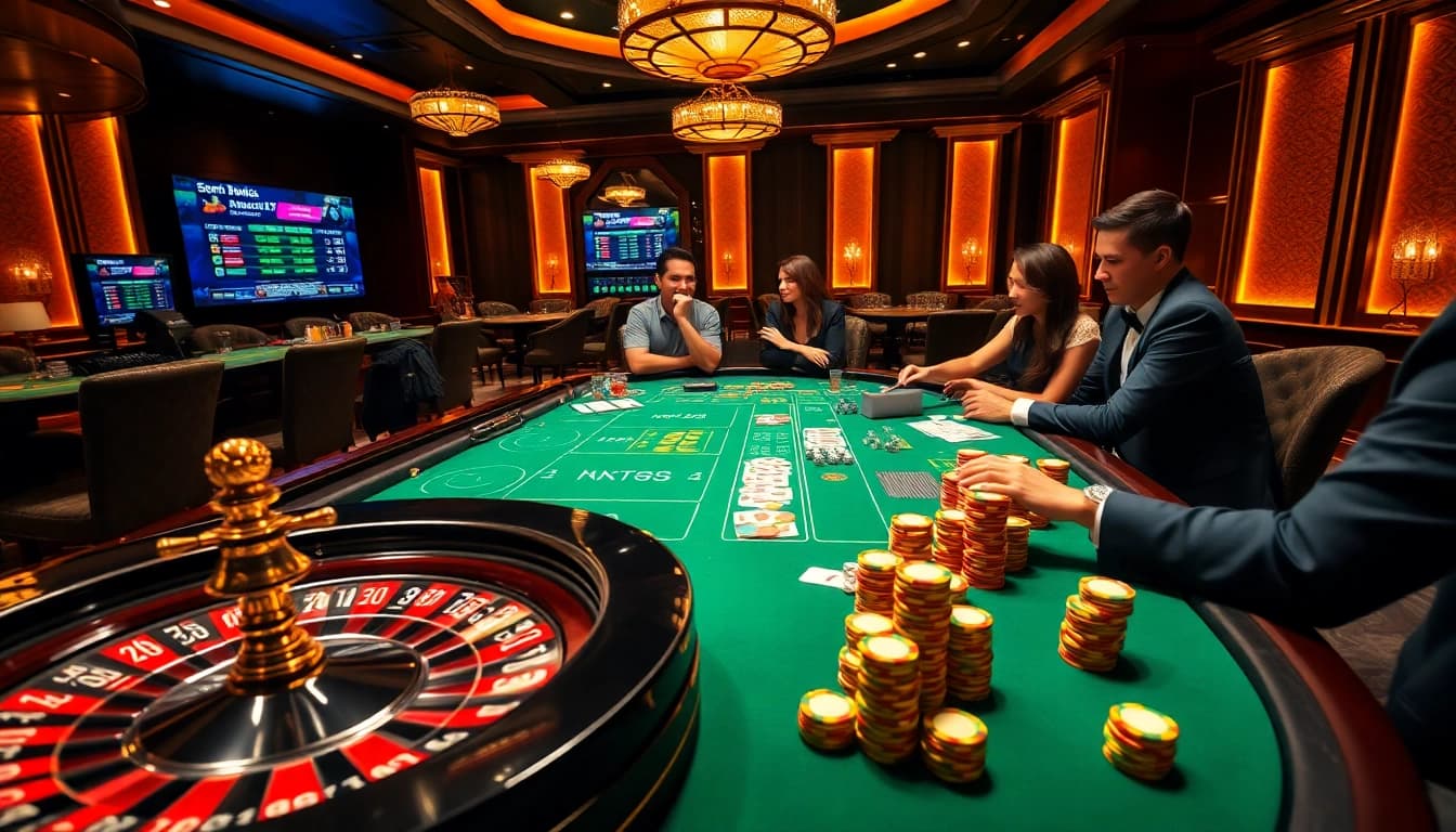 Exciting gambling scene showcasing kqbd with cards, roulette, and lively players in action.