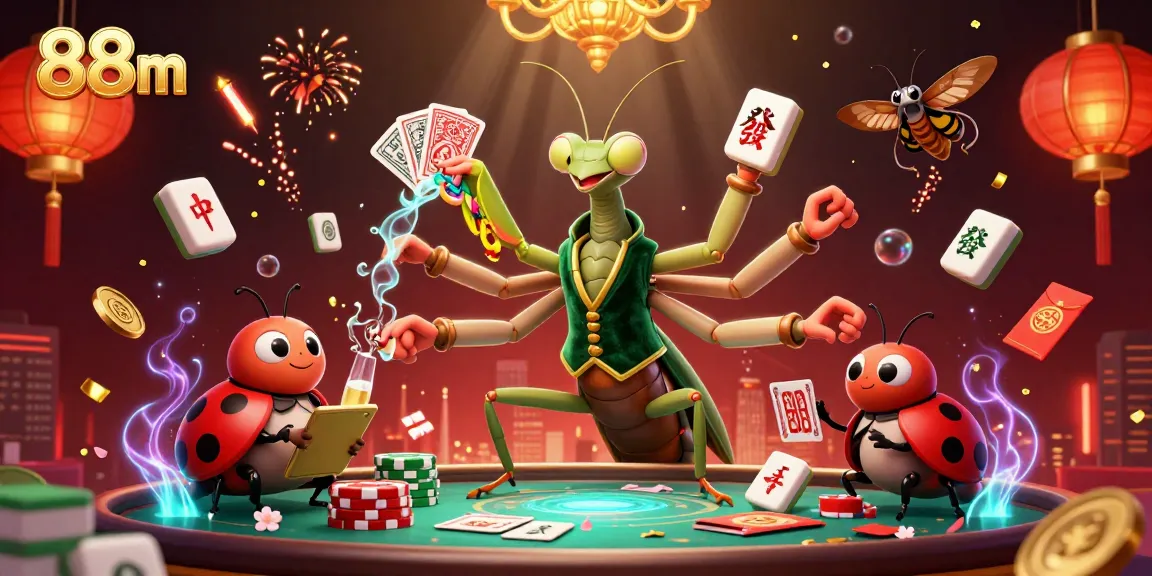 Experience the excitement of 88m's vibrant casino scene with a giant mantis dealing cards and a ladybug pit boss.