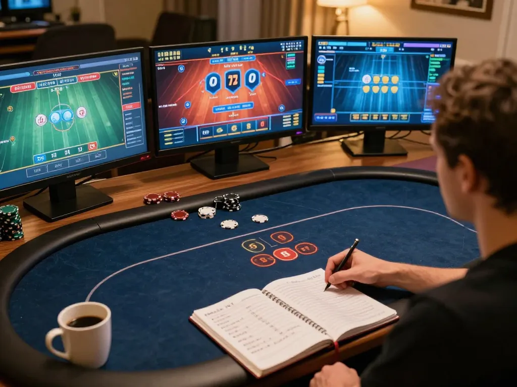 Engaged player strategizing for nk88 poker game on multiple screens at home.