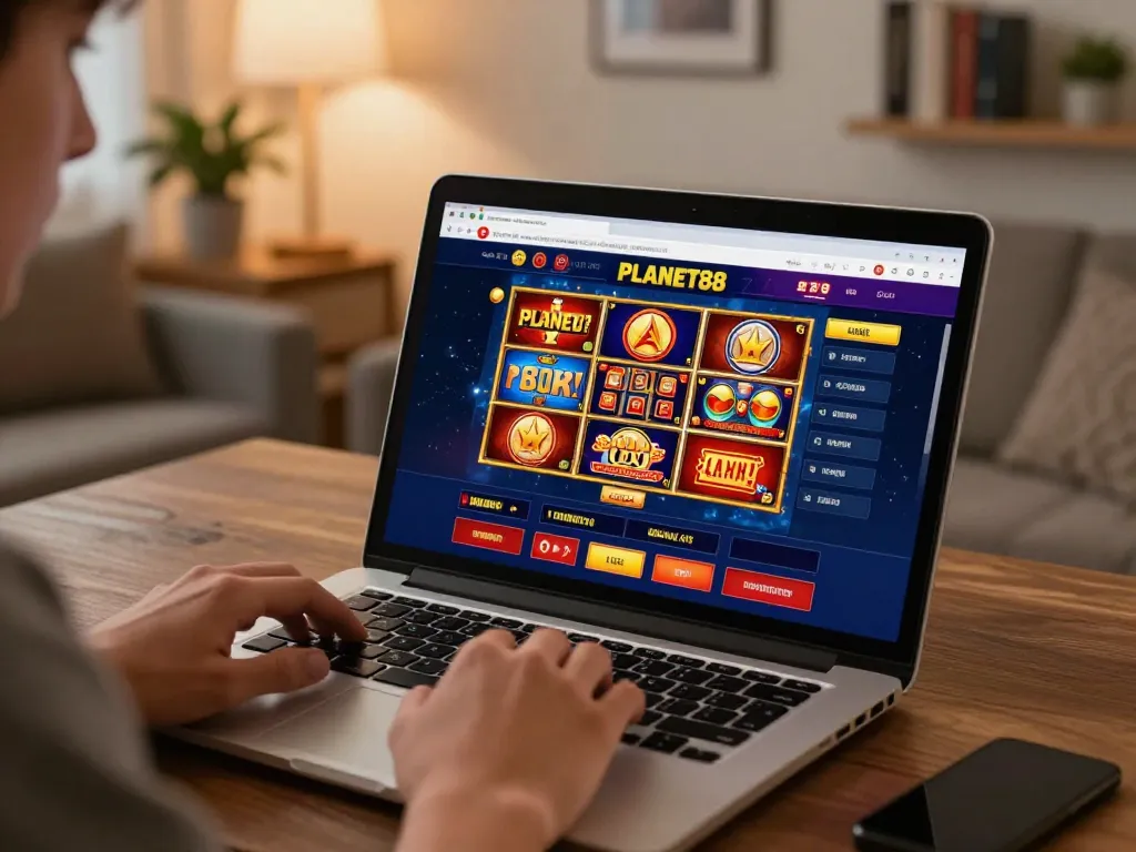 Engaging gameplay at PLANET88 online casino with a player immersed in slot games on a laptop.