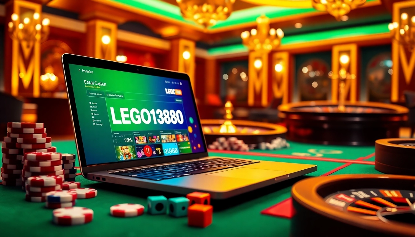 Engage with LEGO138 daftar on an online platform, featuring vibrant casino elements like dice and poker chips.