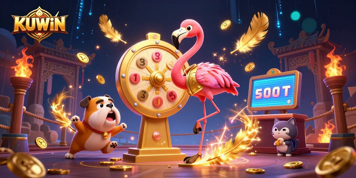 KUWIN casino game show host flamingo spins a prize wheel with a bulldog contestant in an exciting gambling scene.