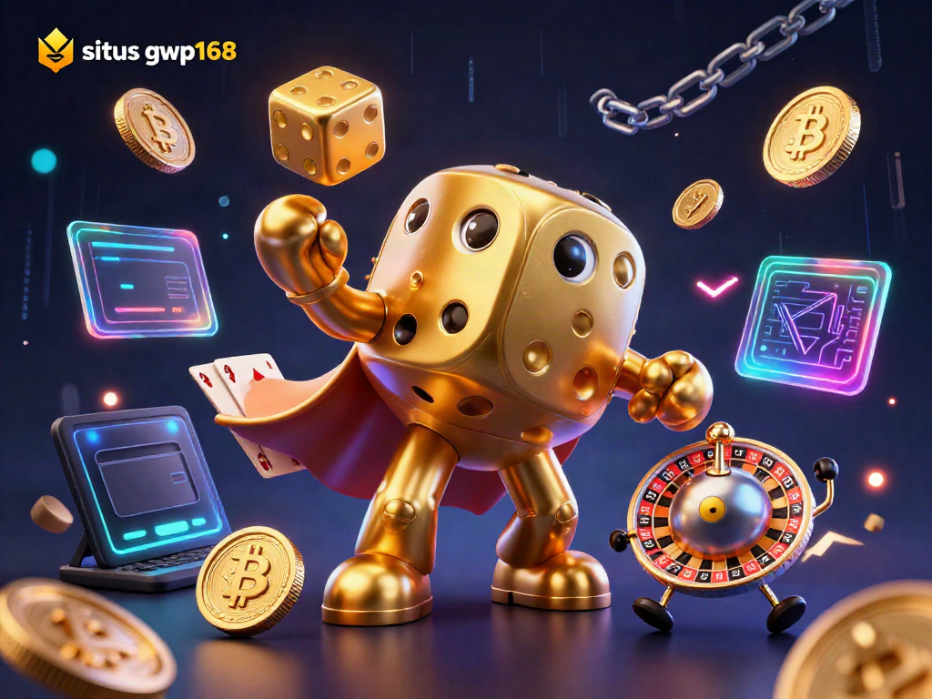 Permainan slot menarik di situs gwp168 dengan karakter dadu emas dan elemen kasino digital.