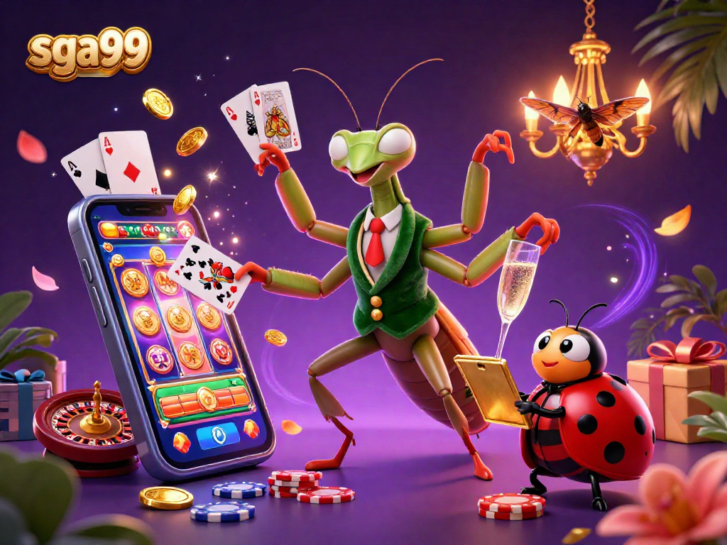 Experience thrilling gameplay with sga99 as a giant mantis card sharp deals cards in a vibrant casino scene.