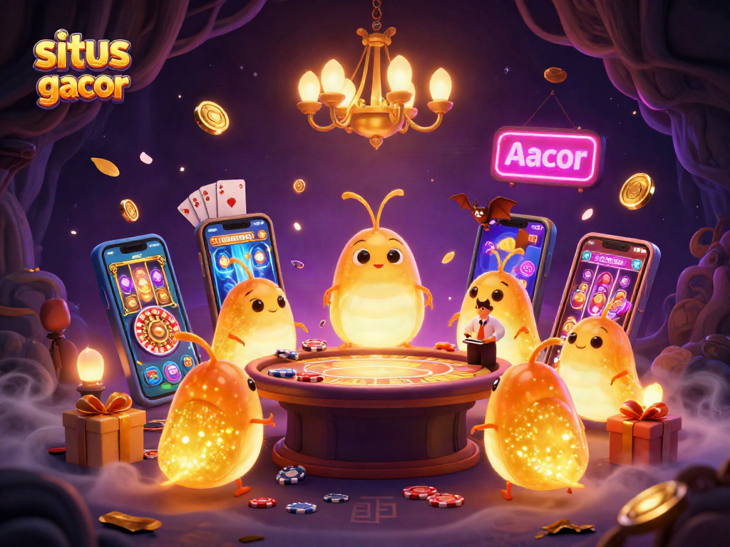 Engage with situs slot gacor in a vibrant casino scene lit by glowworms and featuring exciting game elements.