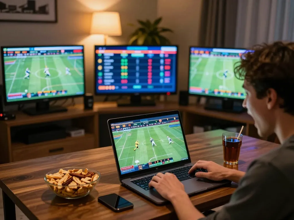 Player strategizing on FB88 sports betting setup in a cozy home environment