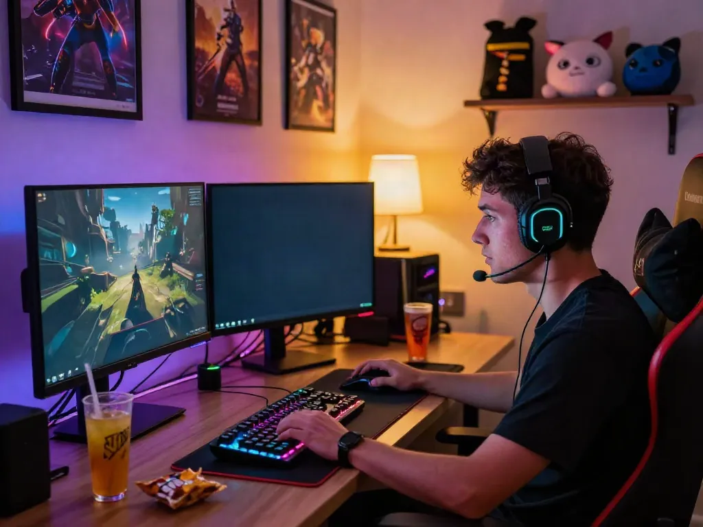 Gamer engaged in online competition with akunjp gaming setup in cozy room.