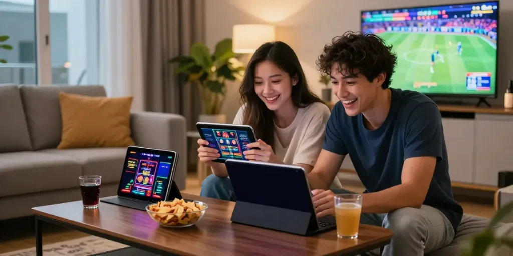 Online gaming fun at home through https://xx88.day/ with couple enjoying snacks and casino games
