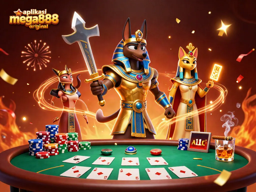 Spin and win with aplikasi mega888 original, featuring vibrant casino elements and characters in an exciting scene.