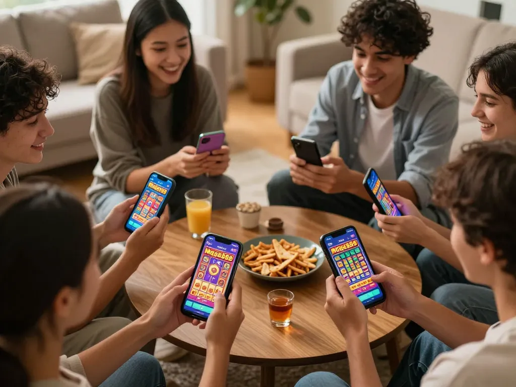 Enjoying gameplay on mega888 apk with friends in a cozy home setting, highlighting mobile gambling excitement.