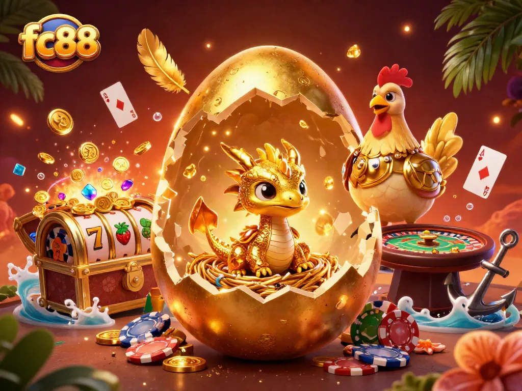 Win big with fc88 in this vibrant casino illustration featuring poker chips and slot elements.