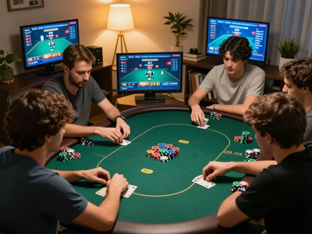 Engaged players enjoying a game of poker on megaplus88, showcasing chips and digital displays in a cozy home setting.