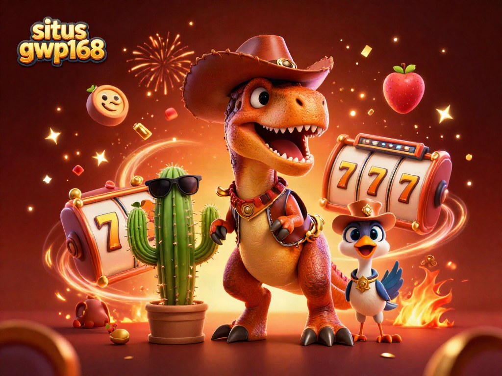 Permainan situs gwp168 dengan T-Rex cowboy, simbol slot mengelilingi penuh kegembiraan.