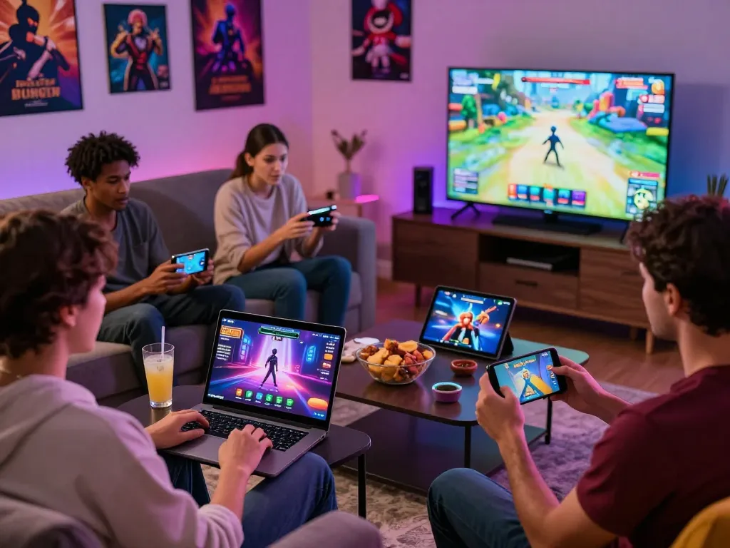 Engaging adults playing porngames together in a vibrant living room setting.