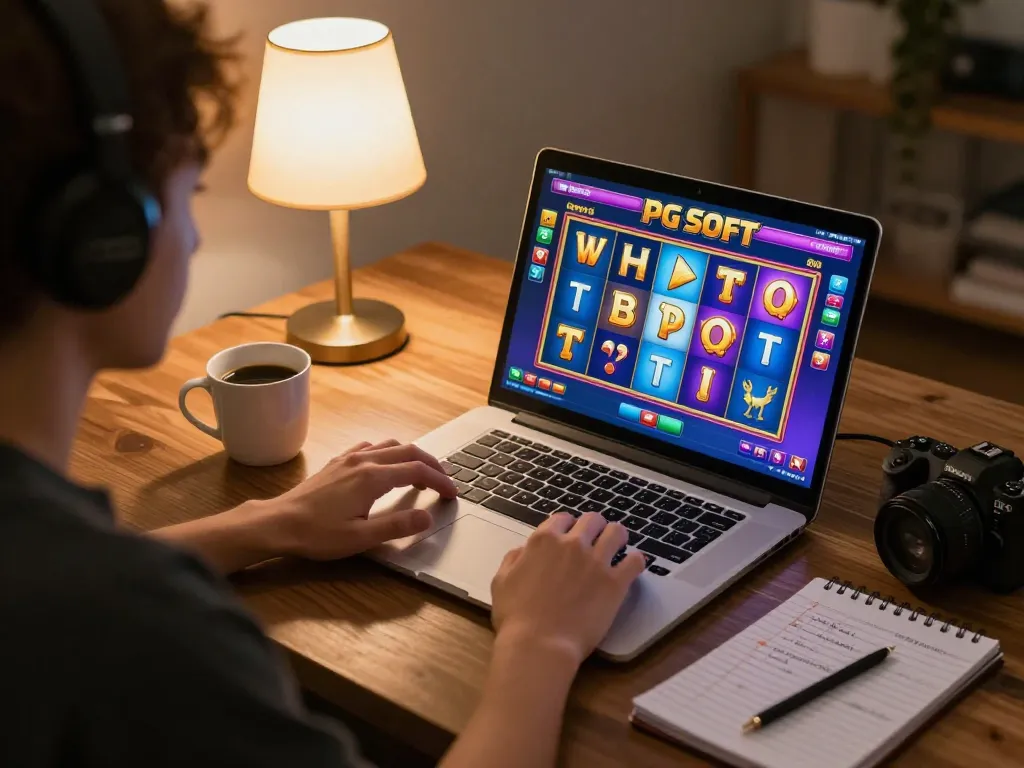 Bermain permainan slot demo PG Soft di laptop dalam pengaturan rumah yang nyaman, menyoroti permainan yang bertanggung jawab.