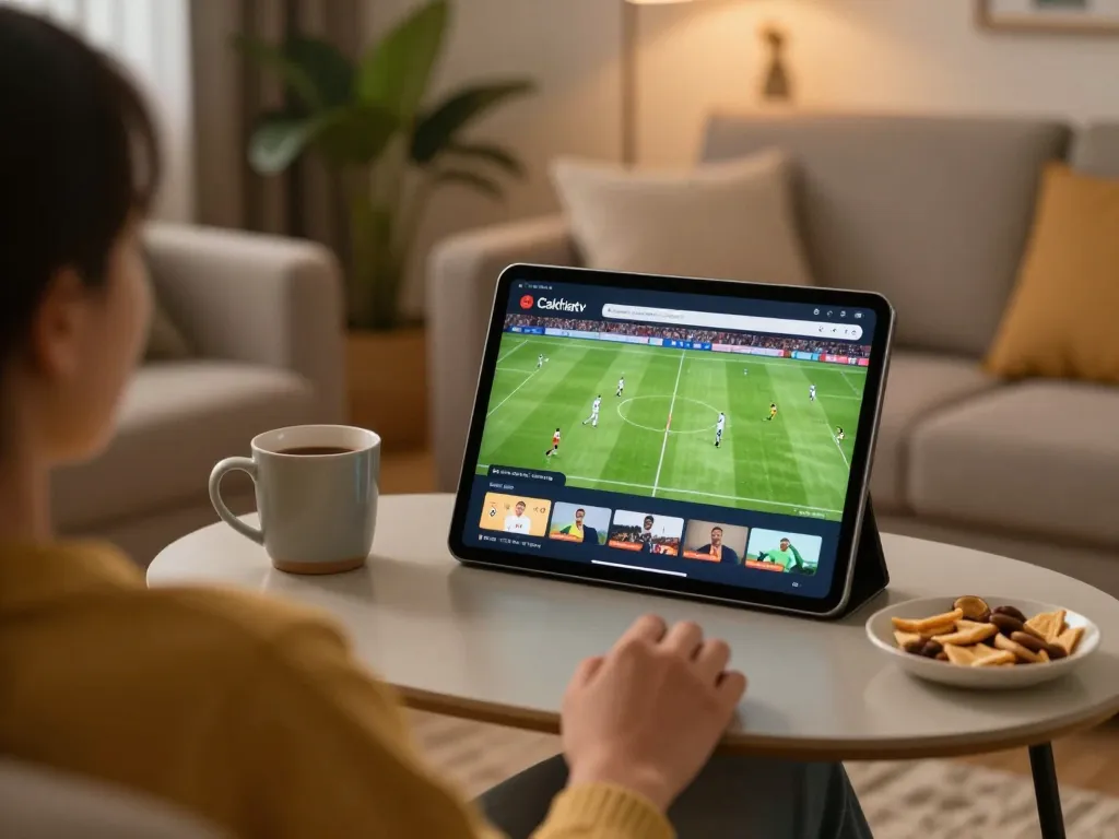 Engaging in footbal stream Cakhiatv while relaxing at home with snacks and tablet