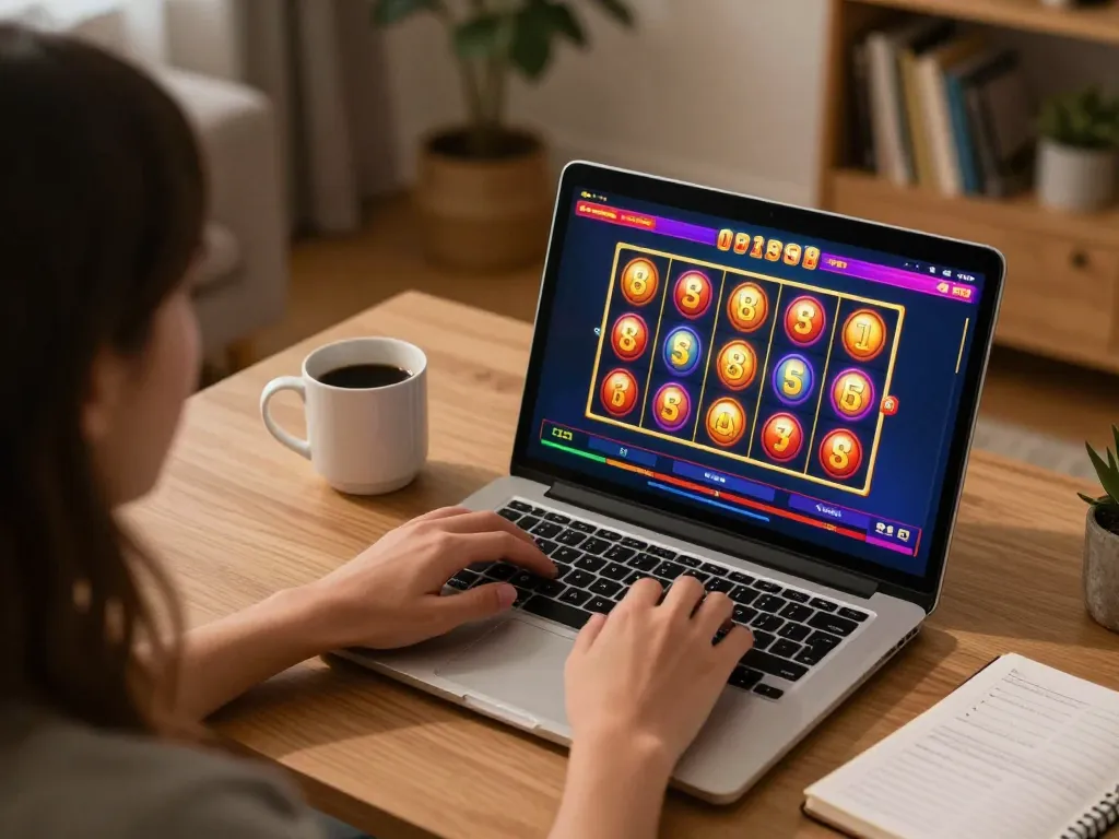 Player enjoying slot88 game on laptop at home, showcasing a vibrant and engaging online casino experience.