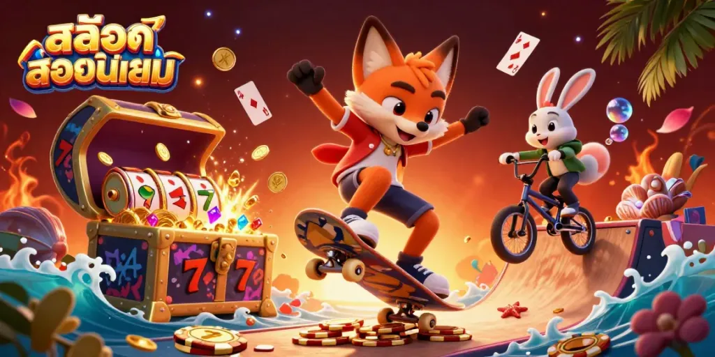 Experience the thrills of สล็อตยอดนิยม with vibrant 3D cartoon characters promoting exciting casino games.