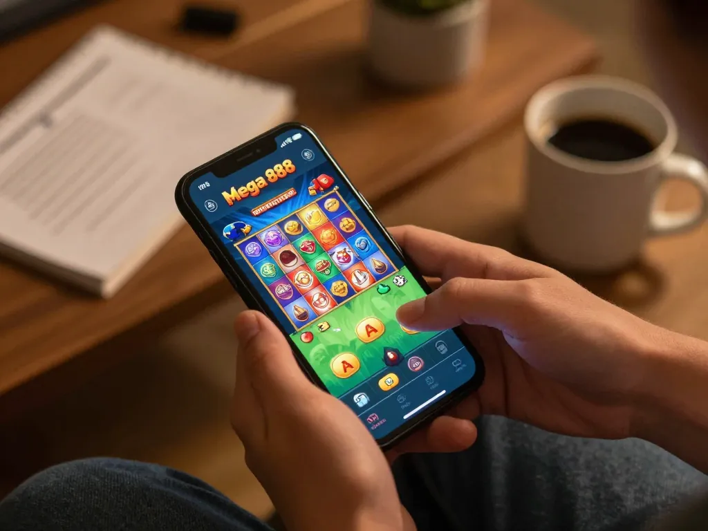 Experience exciting gaming on Mega 888 mobile app, featuring vibrant gameplay and a cozy home setting.