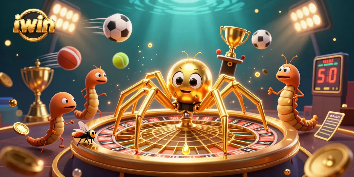 iwin promotes thrilling betting adventures with a golden spider and croupier in a vibrant casino scene.