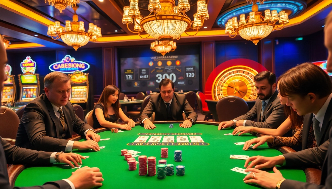KONG88 poker players strategizing bets at a luxury casino table filled with colorful chips.