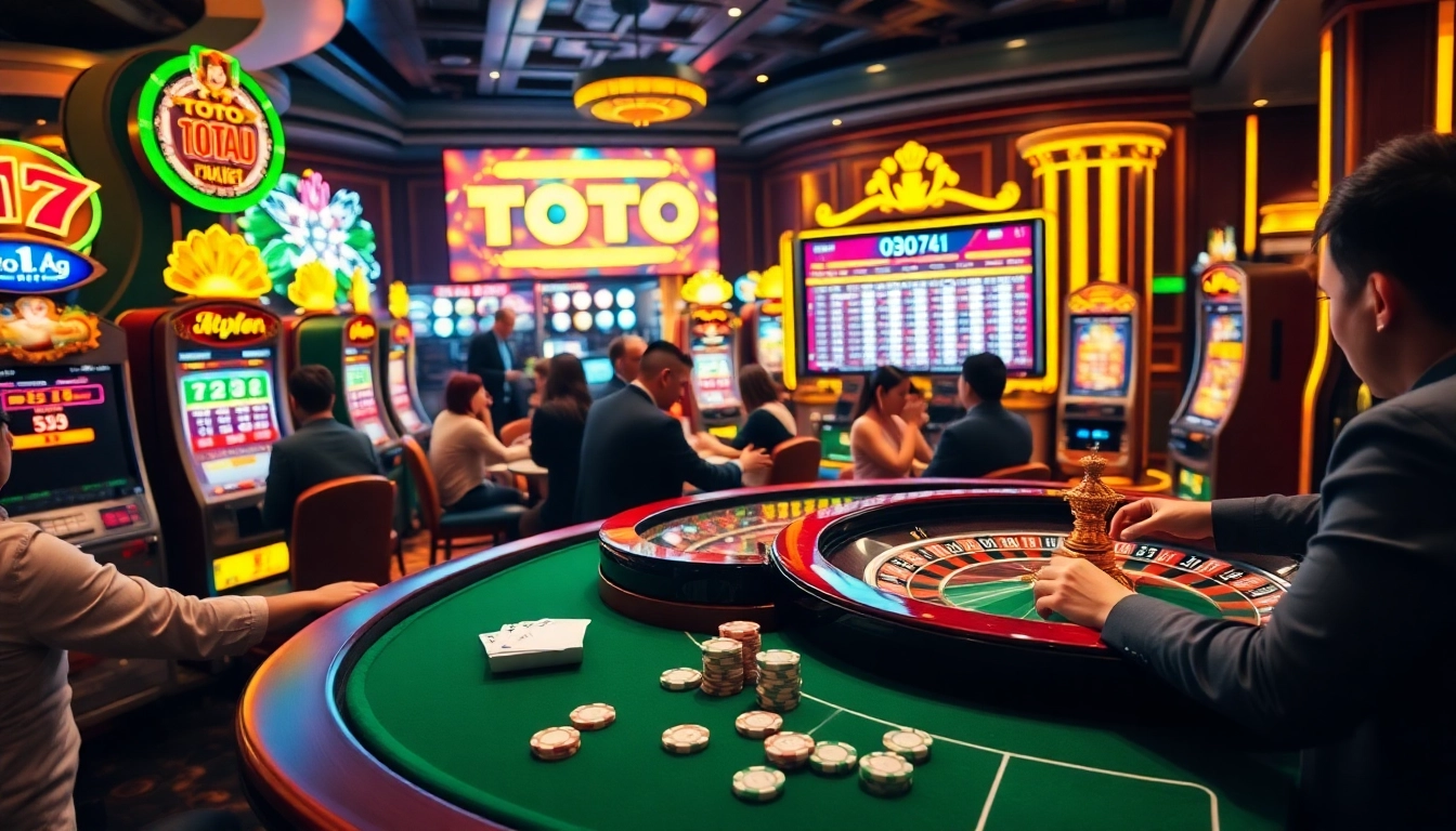 Toto Macau players enjoying a live draw event filled with excitement and vibrant casino elements.