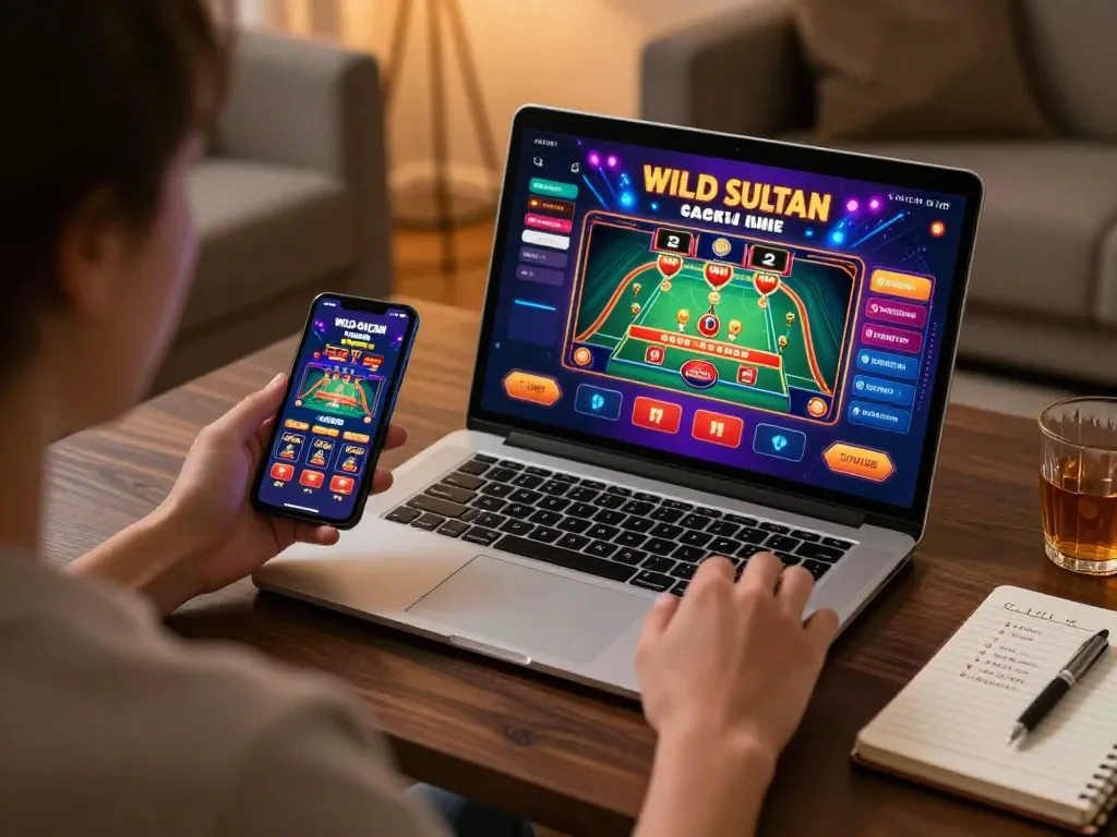 Engaging in strategic gameplay on Wild Sultan Casino en ligne with vibrant app interface visible on laptop.