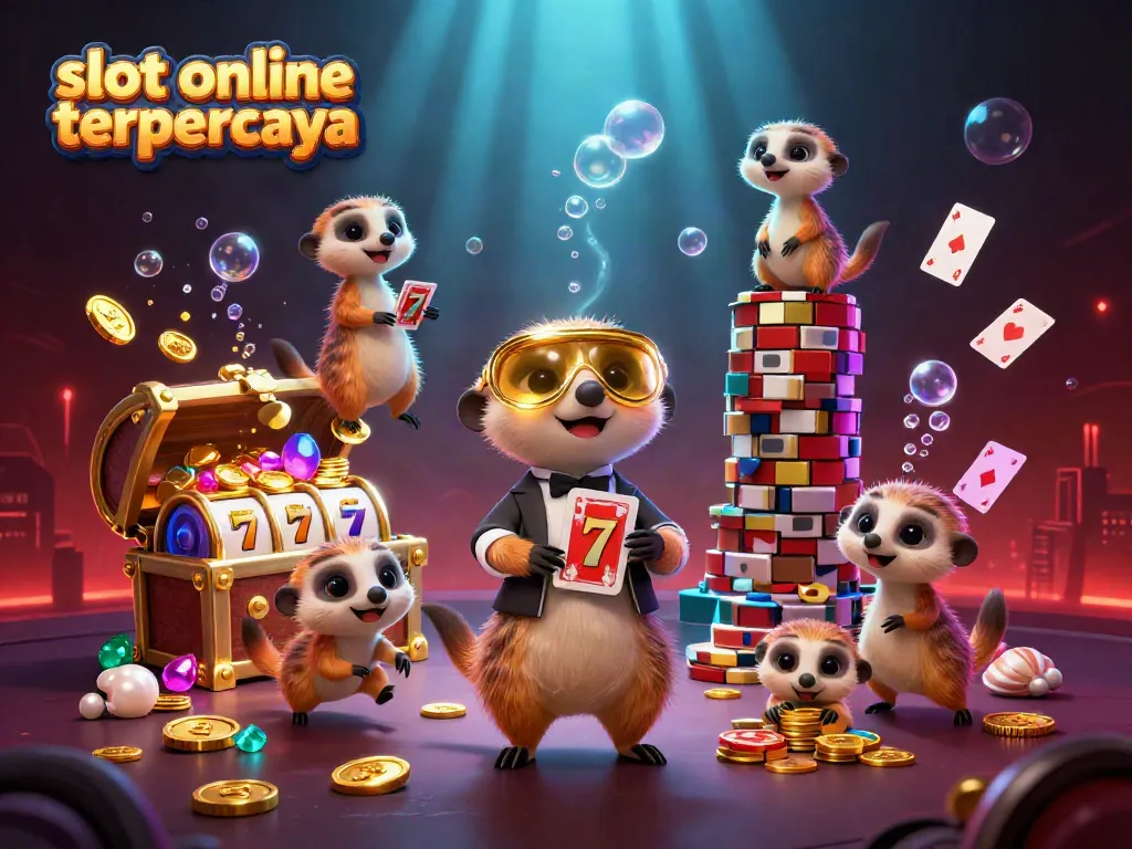 Bermain di slot online terpercaya dengan meerkat lucu dan tema kasino yang menarik, termasuk mesin slot dan koin emas.