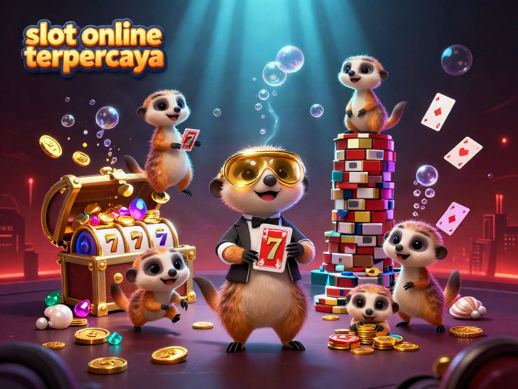 Bermain di slot online terpercaya dengan meerkat lucu dan tema kasino yang menarik, termasuk mesin slot dan koin emas.