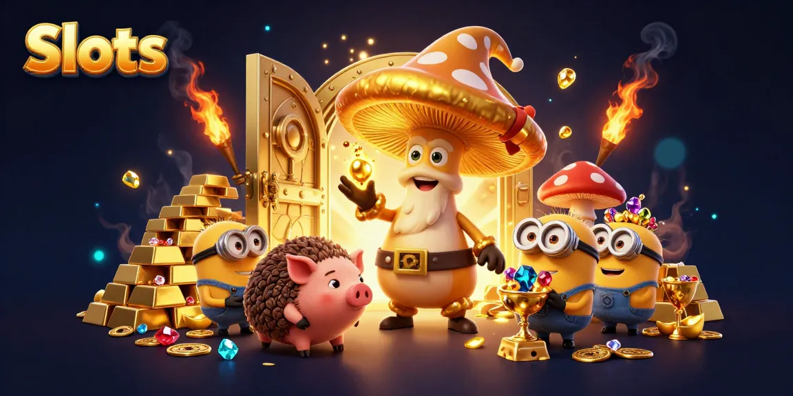 Engage with dynamic Slots illustration featuring golden mushroom wizard, treasures, and magical elements.