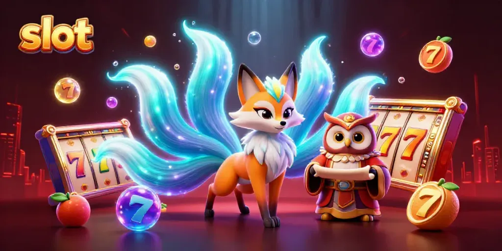 Spin the reels with vibrant slot elements featuring a nine-tailed fox spirit in a lively casino scene.