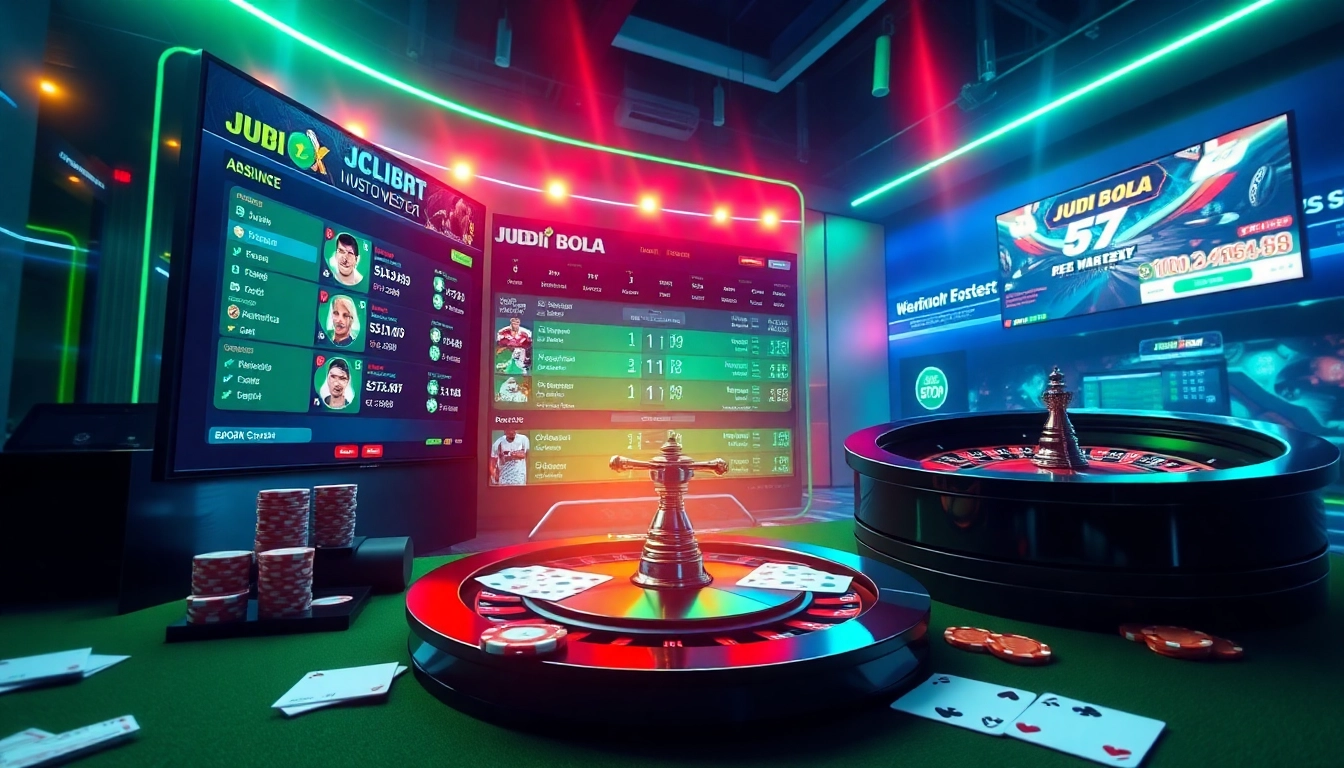 Excited bettors engaging with Judi Bola's online betting interface amid vibrant casino visuals.